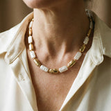 Retro Necklace Featuring Rectangular Gold and White Pearls