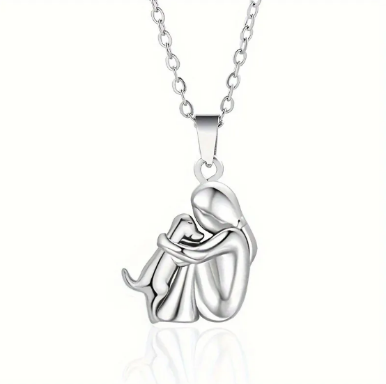 Embraced Girl and Dog Pendant Necklace
