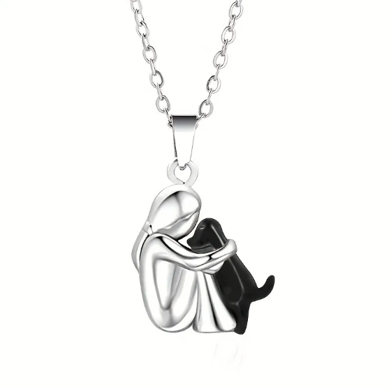 Embraced Girl and Dog Pendant Necklace