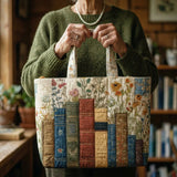 Quilted Tote Bag - Books and Flowers