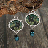 Retro Black Tropical Cat Drop Earrings